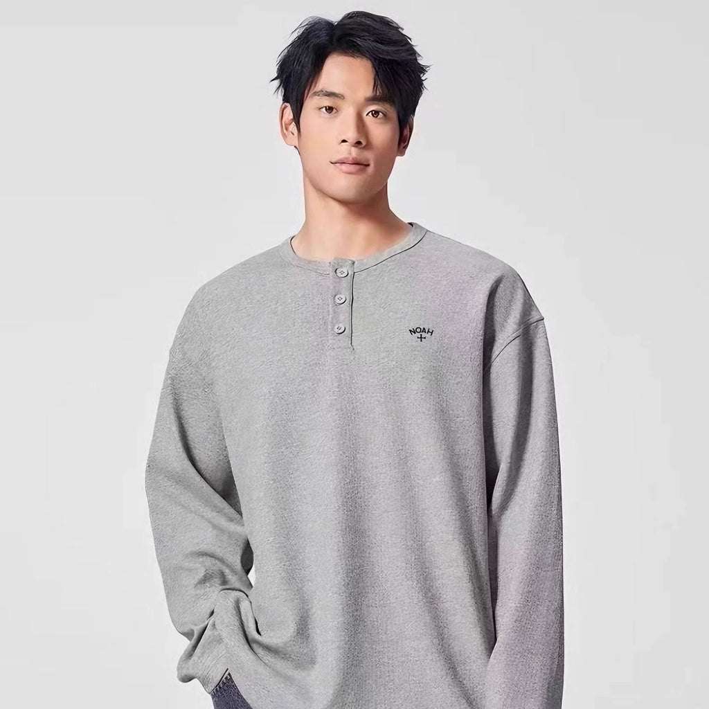 NOAH MARS niche trendy brand Black Soul embroidered cross old money style American casual Henry collar long sleeved T-shirt for men
