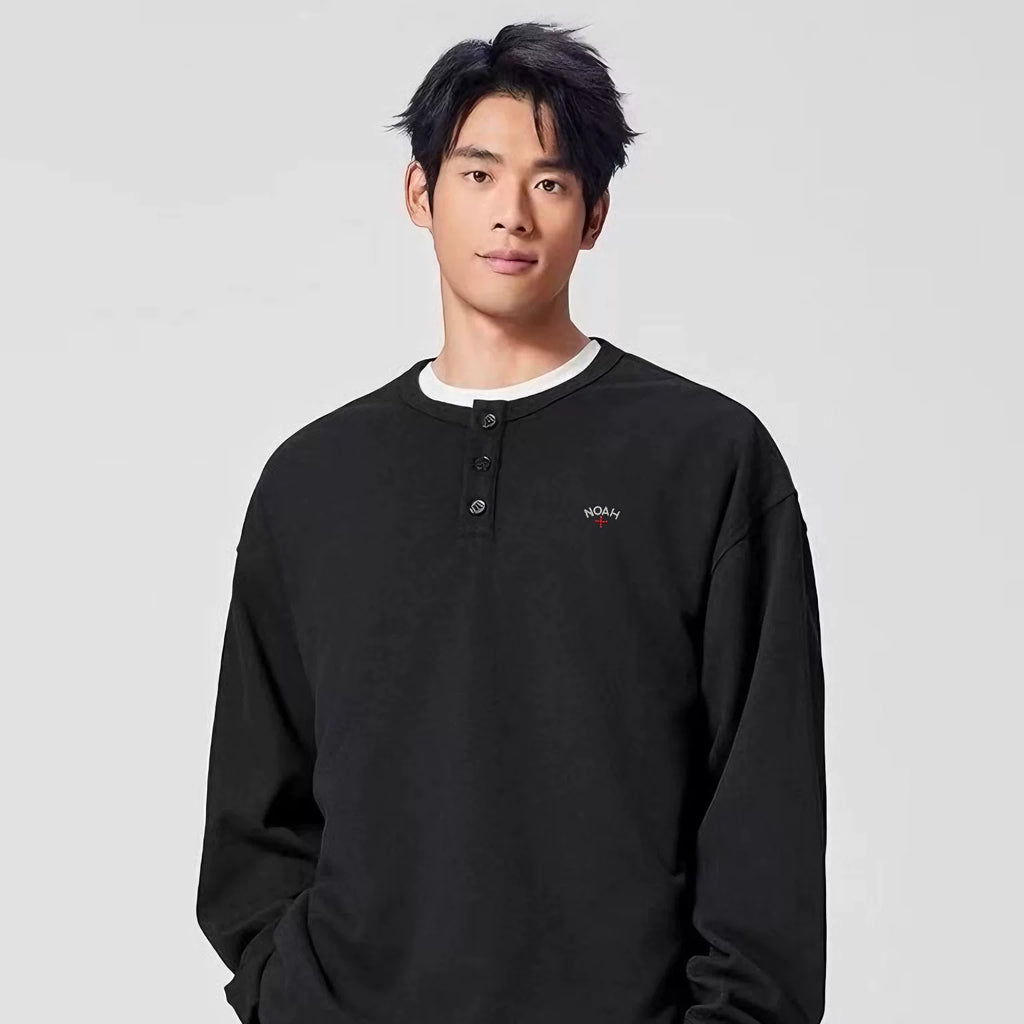 NOAH MARS niche trendy brand Black Soul embroidered cross old money style American casual Henry collar long sleeved T-shirt for men